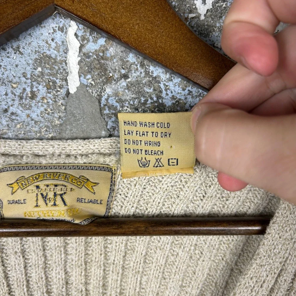 Vintage New River Co Ribbed V-Neck Sweater Beige Heavy Cotton Blend Knit Mens XL
